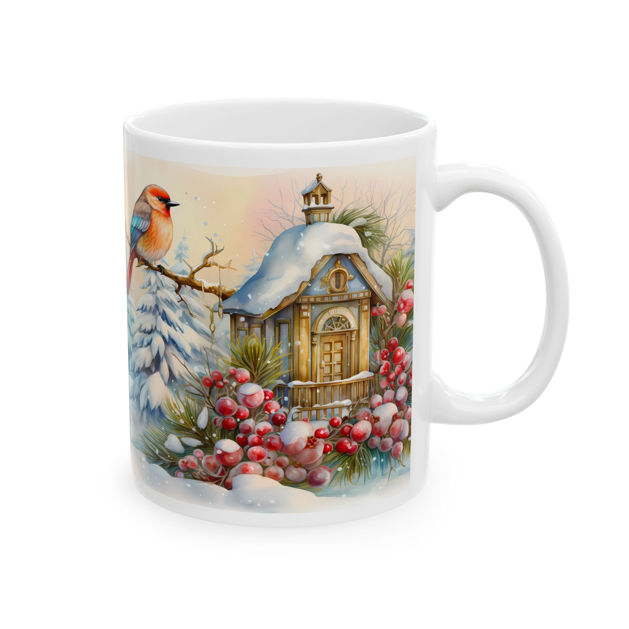 Winter Wonderland Ceramic Mug - Cozy Bird and Cottage Design 11oz