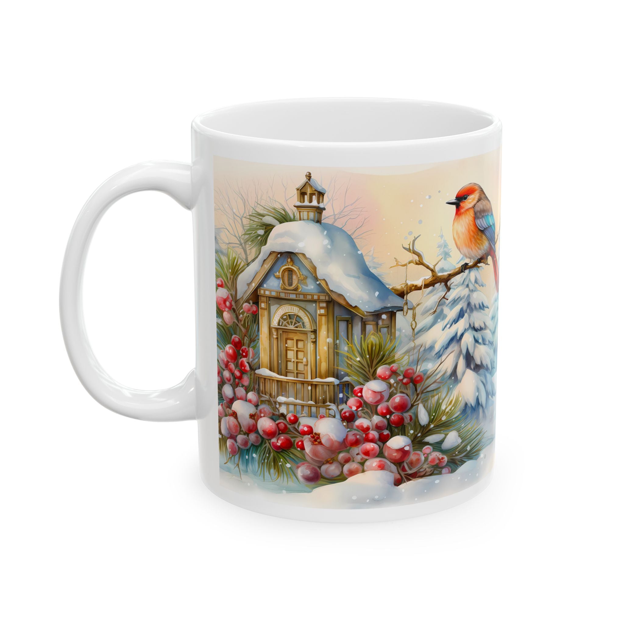 Winter Wonderland Ceramic Mug - Cozy Bird and Cottage Design 11oz