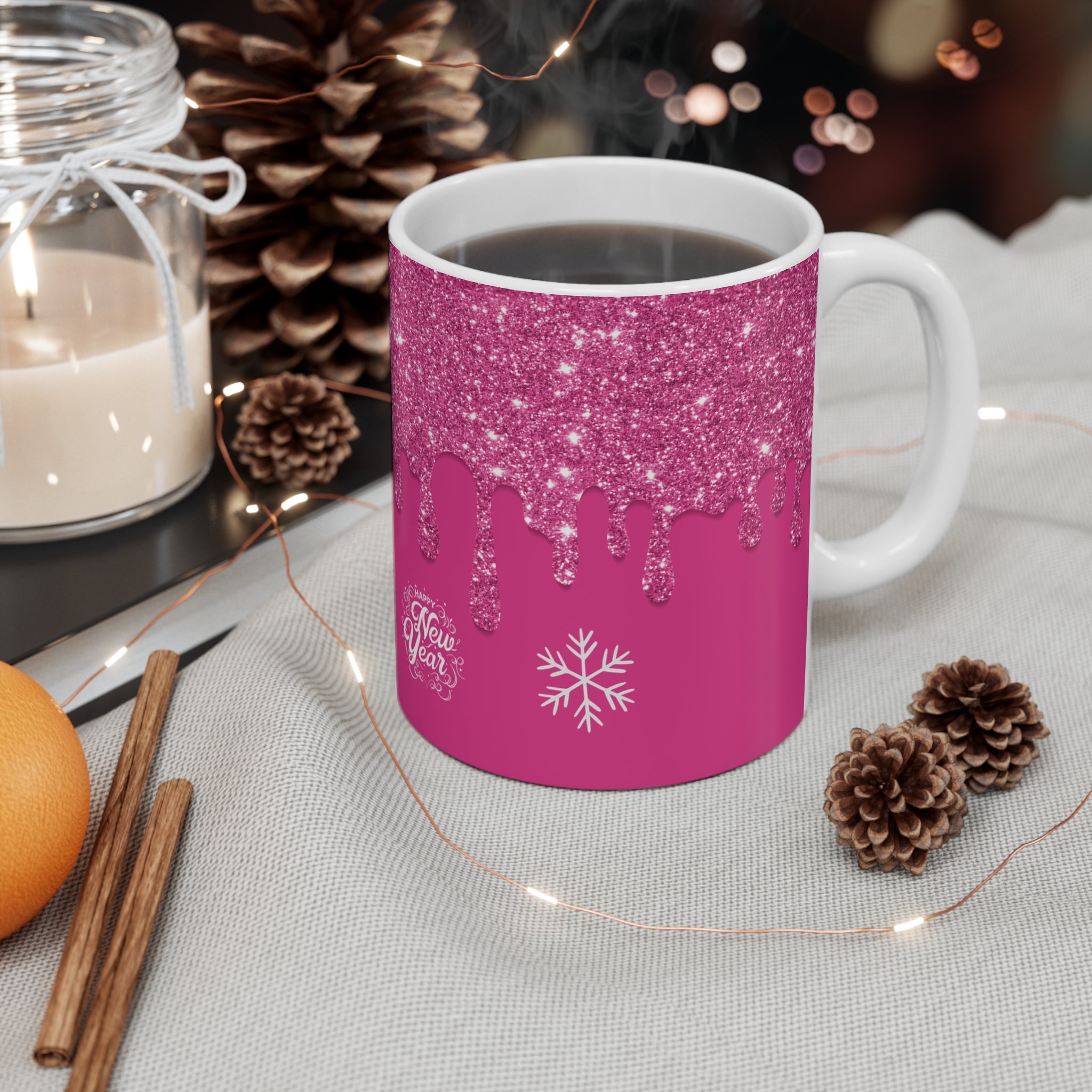 Glittery Pink Christmas Mug 11oz - Merry Christmas & Happy New Year