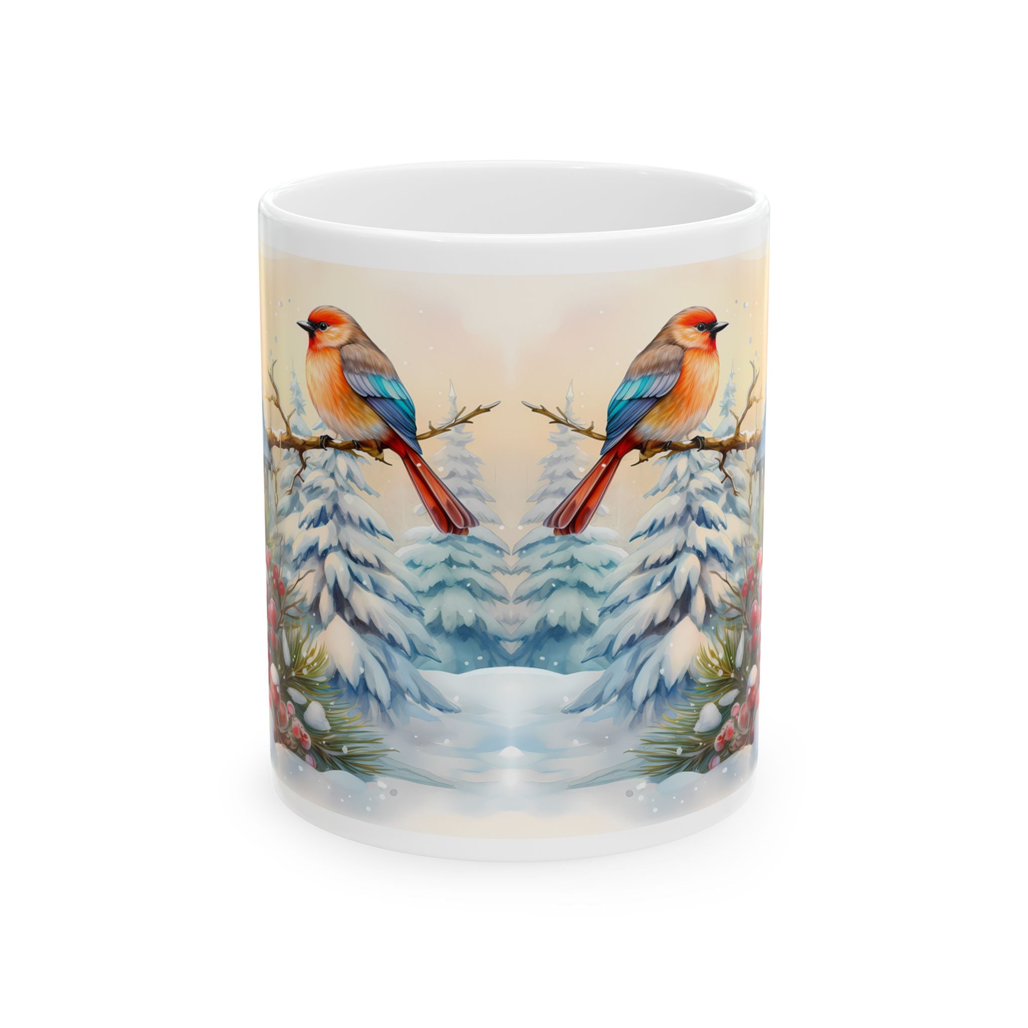 Winter Wonderland Ceramic Mug - Cozy Bird and Cottage Design 11oz